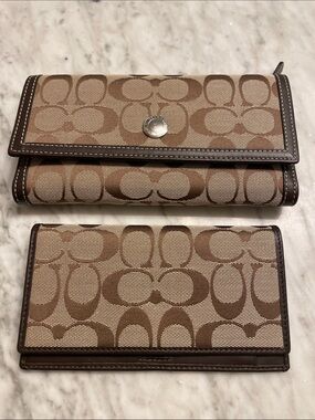 Coach Khaki and Brown Signature Canvas Wallet and matching check book insert duo
